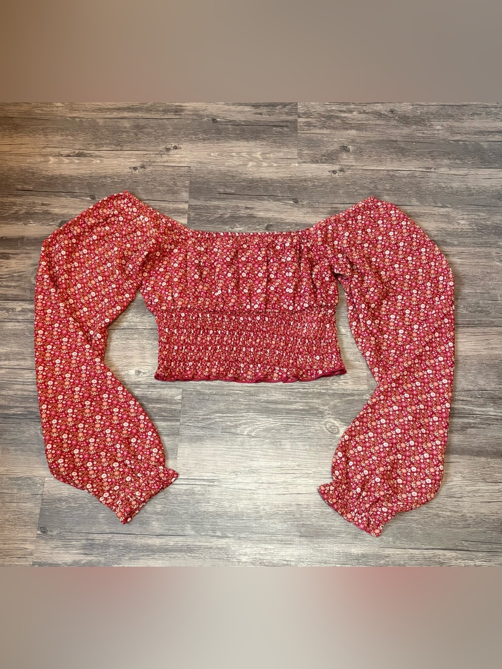 Red Floral Off-Shoulder Smocked Crop Top with Puff Sleeves